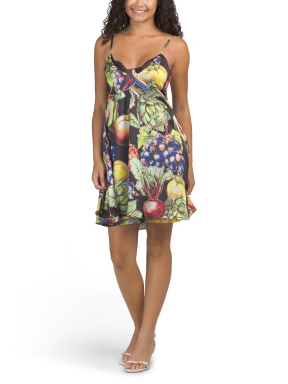 US TOGETHER Lace Trim Satin Printed Mini Dress